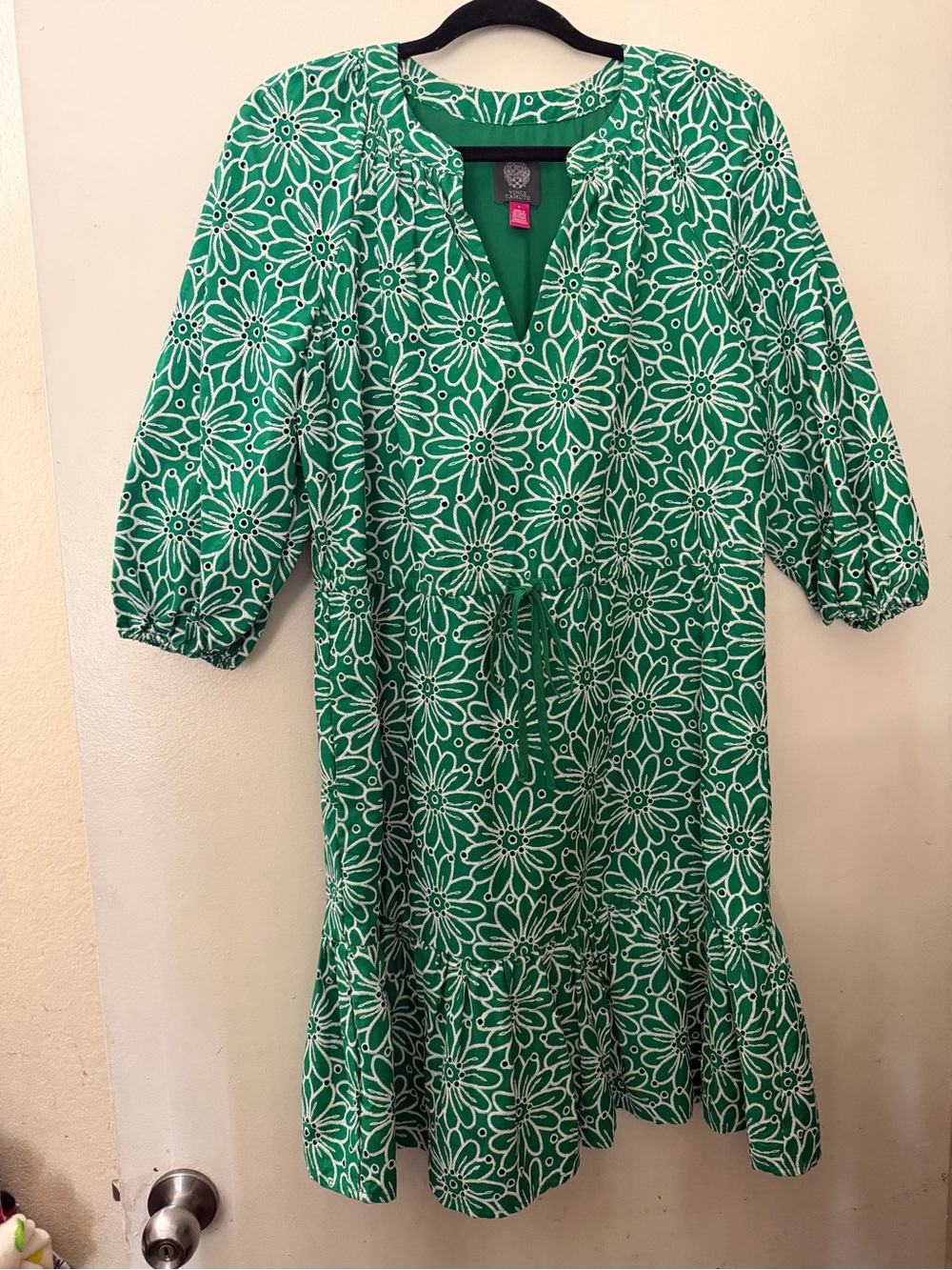 Vince Camuto Green Floral Eyelet Dress Size 6 Puff Sleeve Tie Waist